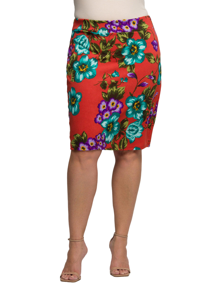 Essential Plus Size Orange Floral Print Knee Length Pencil Skirt