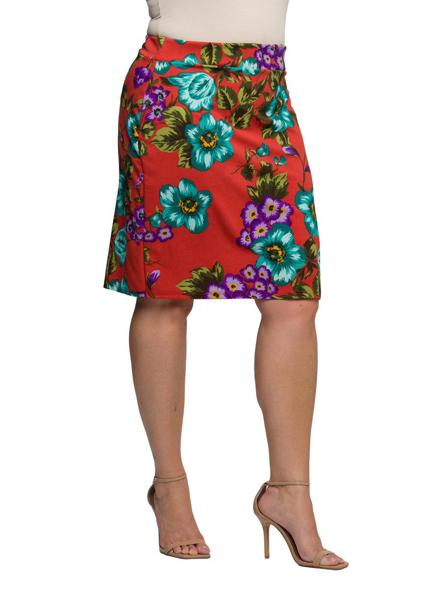 Essential Plus Size Orange Floral Print Knee Length Pencil Skirt