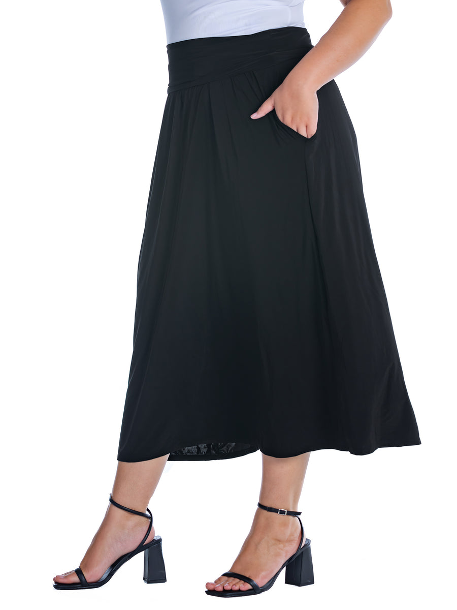 Essential Plus Size Foldover Waist A Line Pocket Maxi Skirt