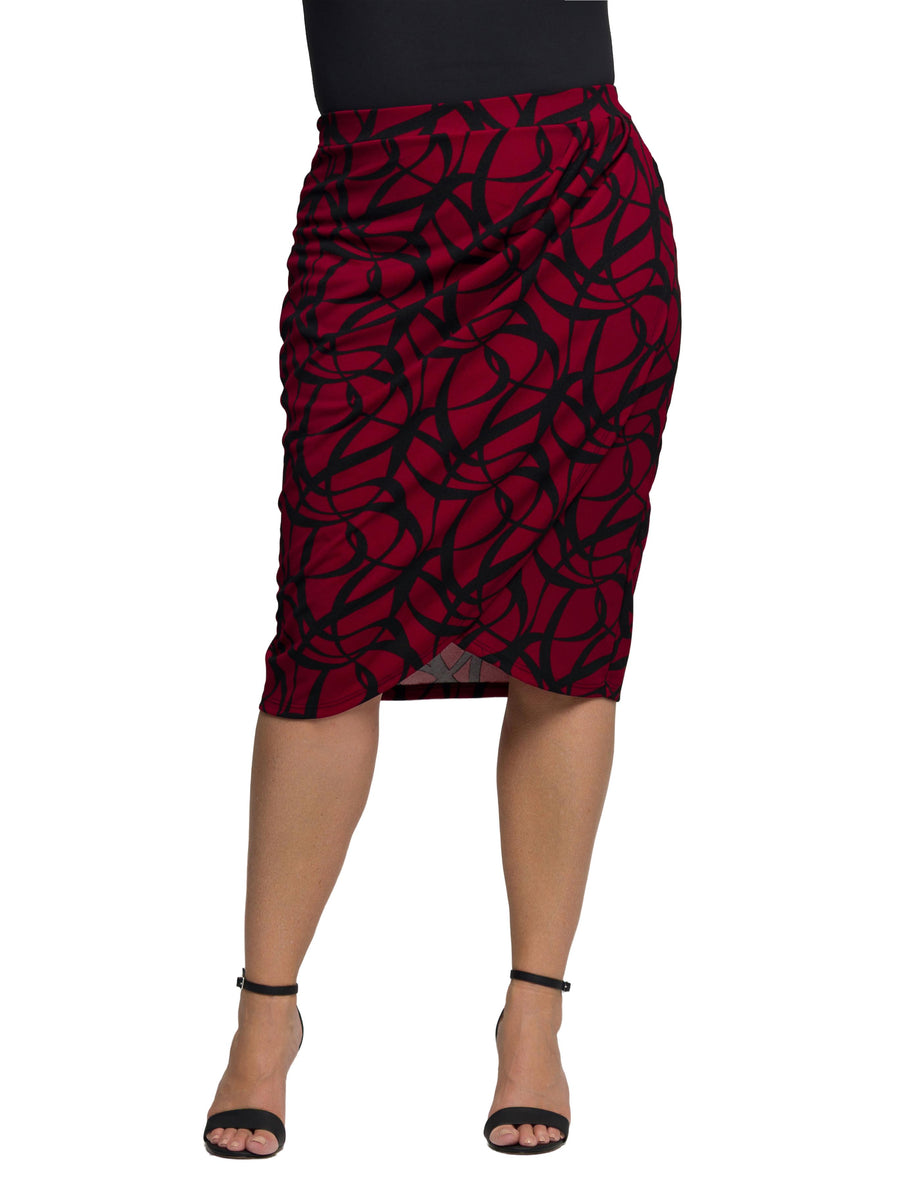 Essential Plus Size Burgundy Print Ruched Knee Length Skirt