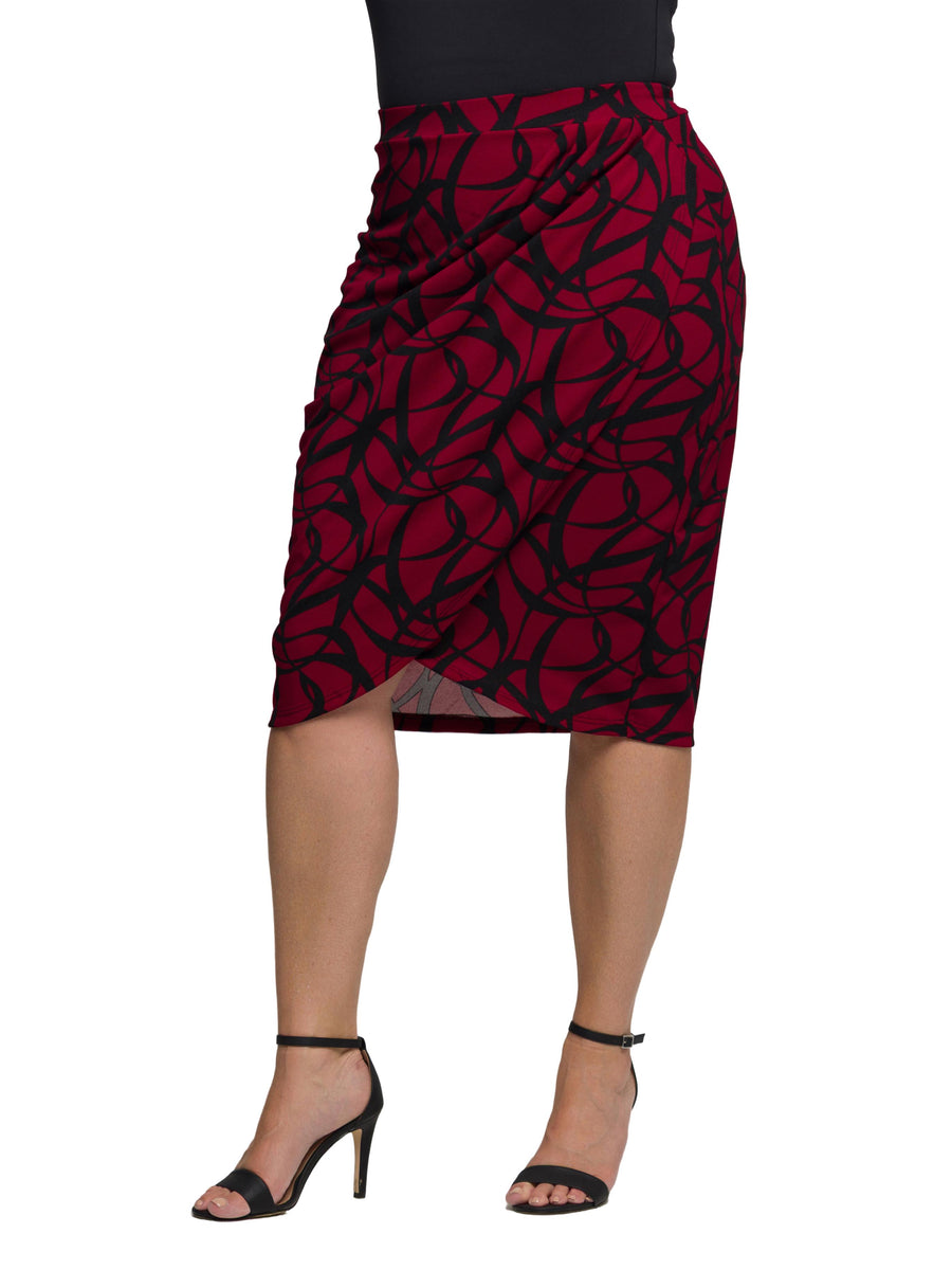 Essential Plus Size Burgundy Print Ruched Knee Length Skirt