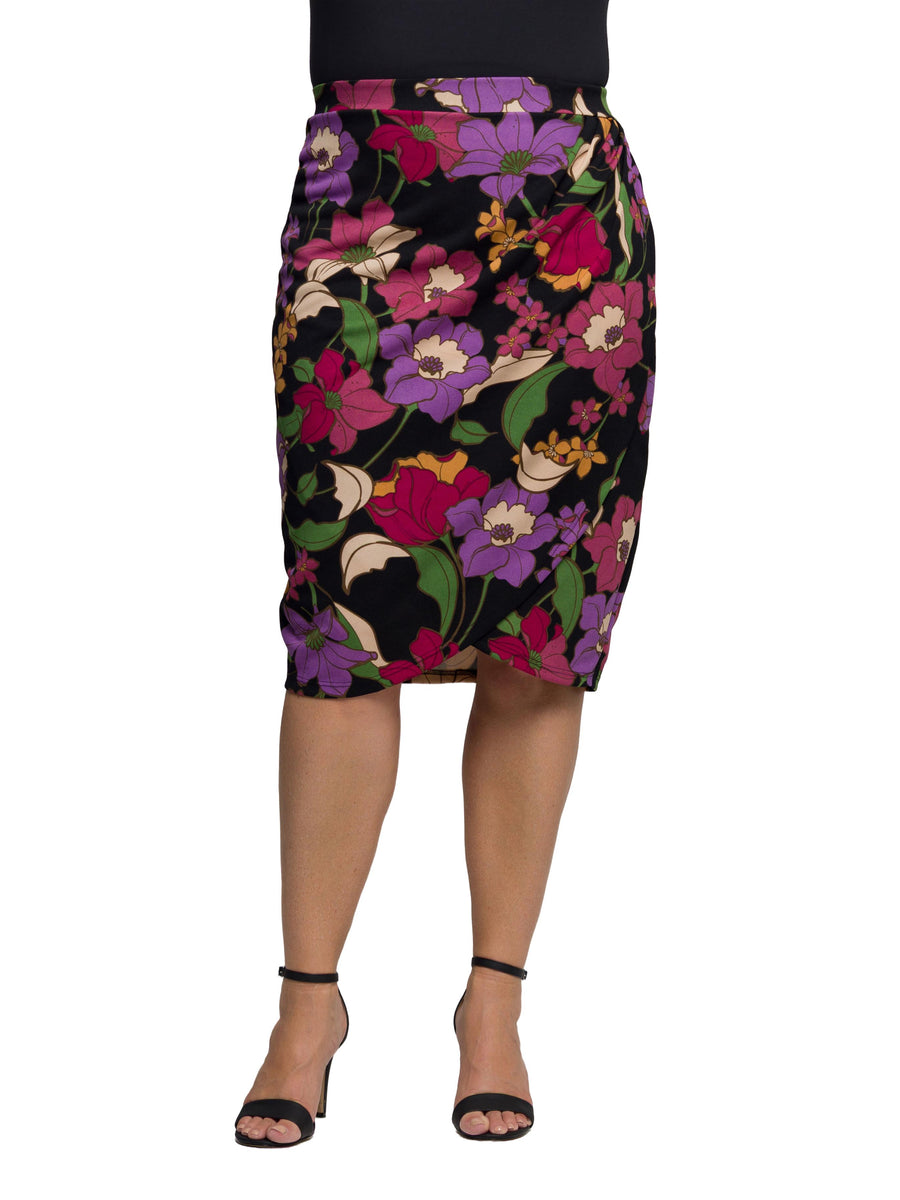 Essential Plus Size Black Multi Floral Print Midi Pencil Skirt