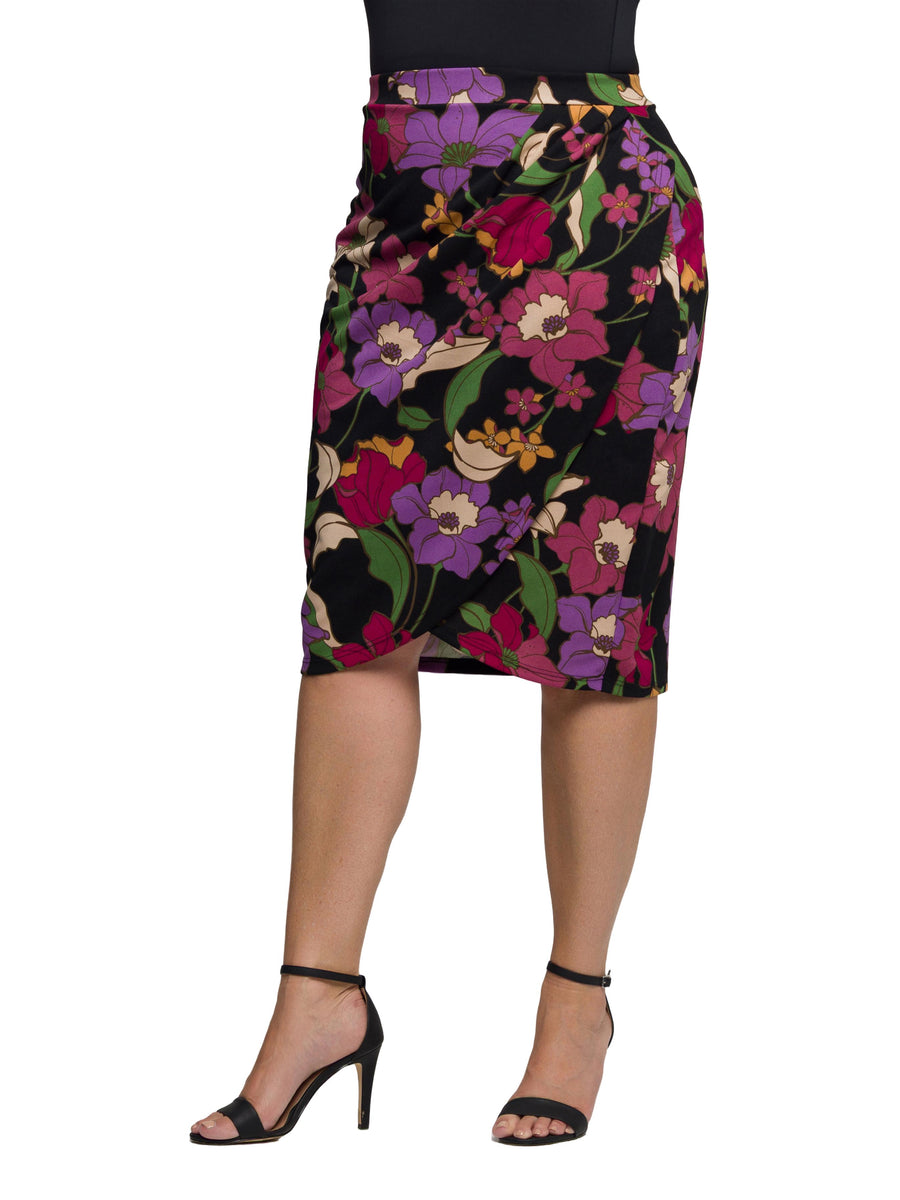 Essential Plus Size Black Multi Floral Print Midi Pencil Skirt