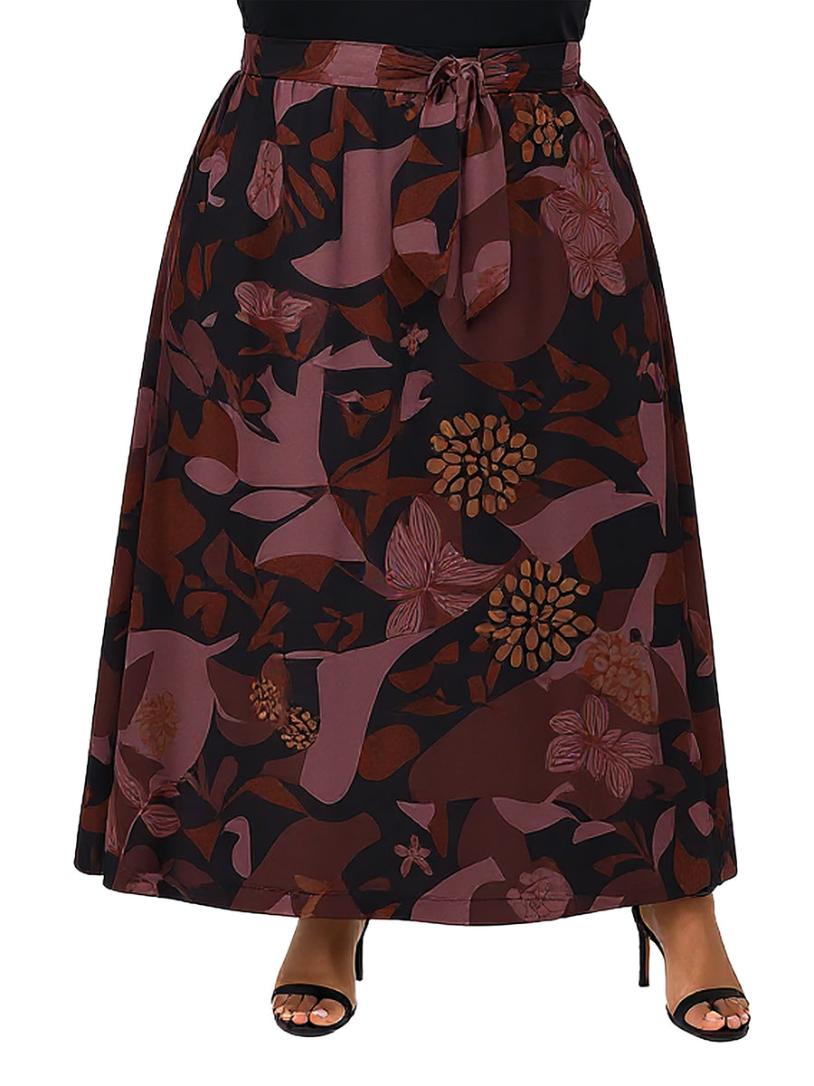 Essential Plus Size Floral Print Maxi Skirt with Buckle Waist