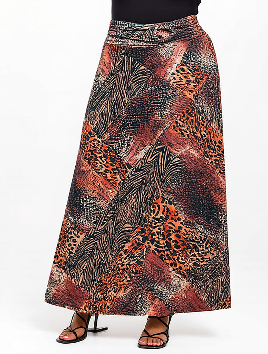 Essential Plus Size Brown Animal Patchwork Print Maxi Skirt