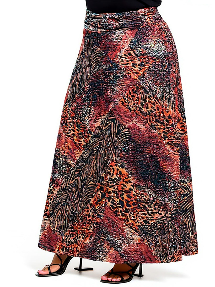 Essential Plus Size Brown Animal Patchwork Print Maxi Skirt