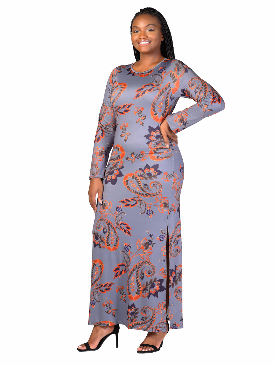 Essential Plus Size Grey Long Sleeve Side Slit Fitted Maxi Dress