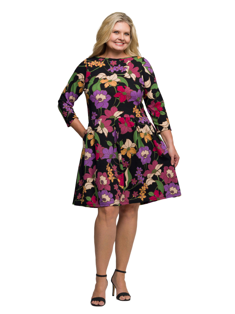 Essential Curvy Floral Fit Flare Pocket Knee Length Dress