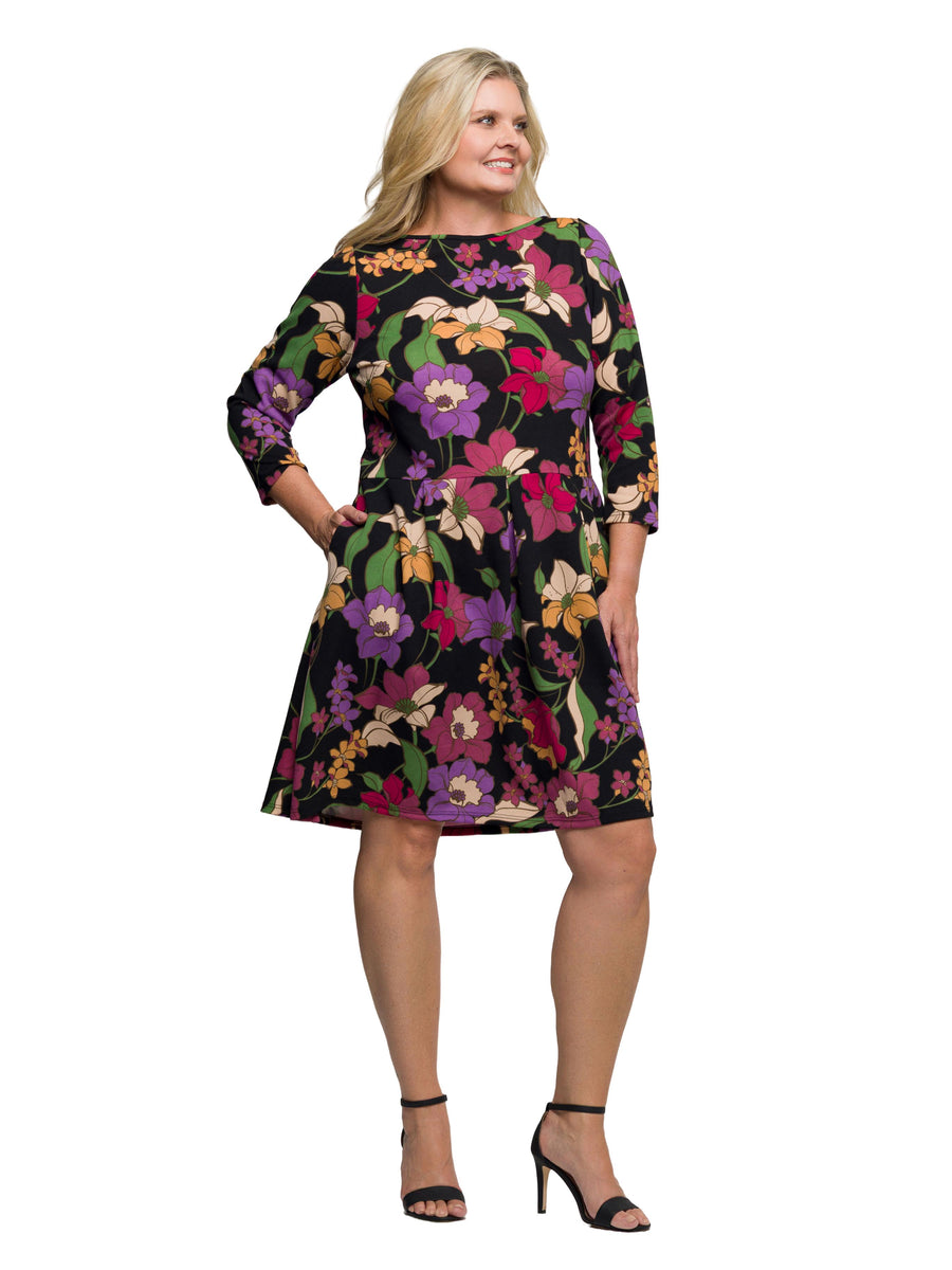 Essential Curvy Floral Fit Flare Pocket Knee Length Dress