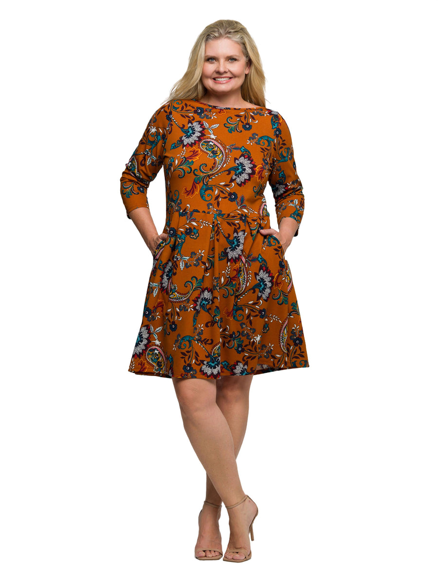 Essential Plus Size Rust Paisley Print Fit Flare Knee Length Dress