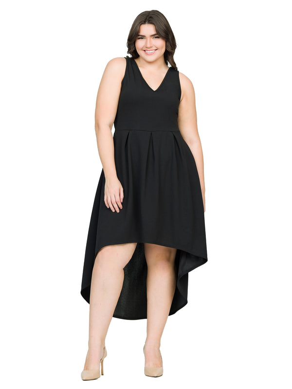 Elevate Plus Size V Neck Sleeveless High Low Fit N Flare Pocket Dress