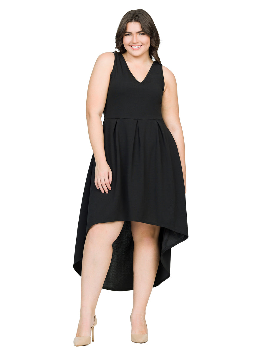Elevate Plus Size V Neck Sleeveless High Low Fit N Flare Pocket Dress