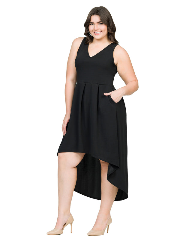 Elevate Plus Size V Neck Sleeveless High Low Fit N Flare Pocket Dress