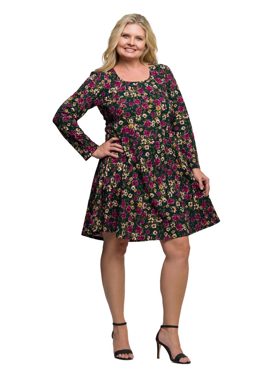 Essential Plus Size Floral Print Long Sleeve Fit and Flare Mini Dress