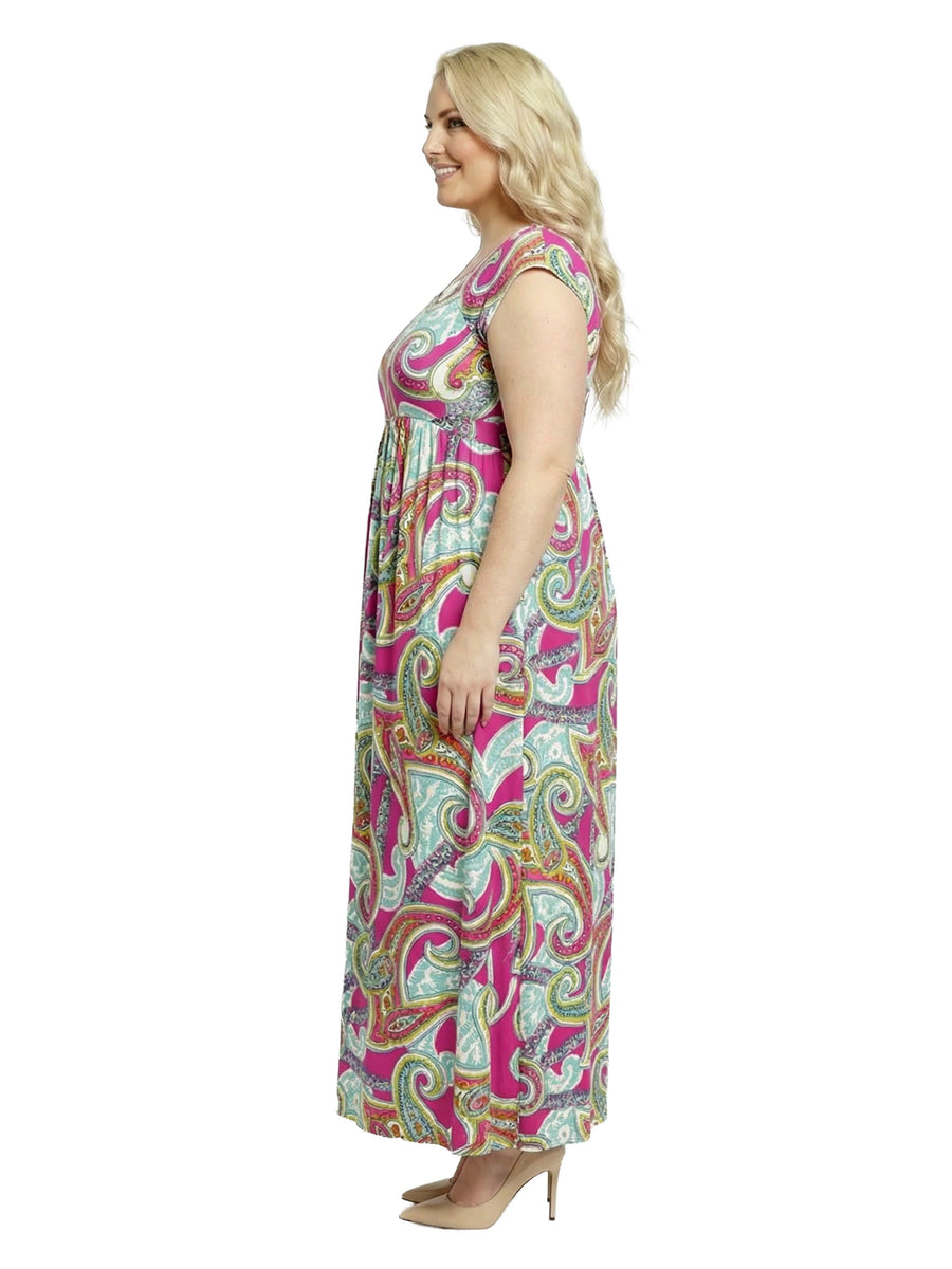 Essential Curvy Paisley Square Neck Cap Sleeve A-Line Maxi Dress