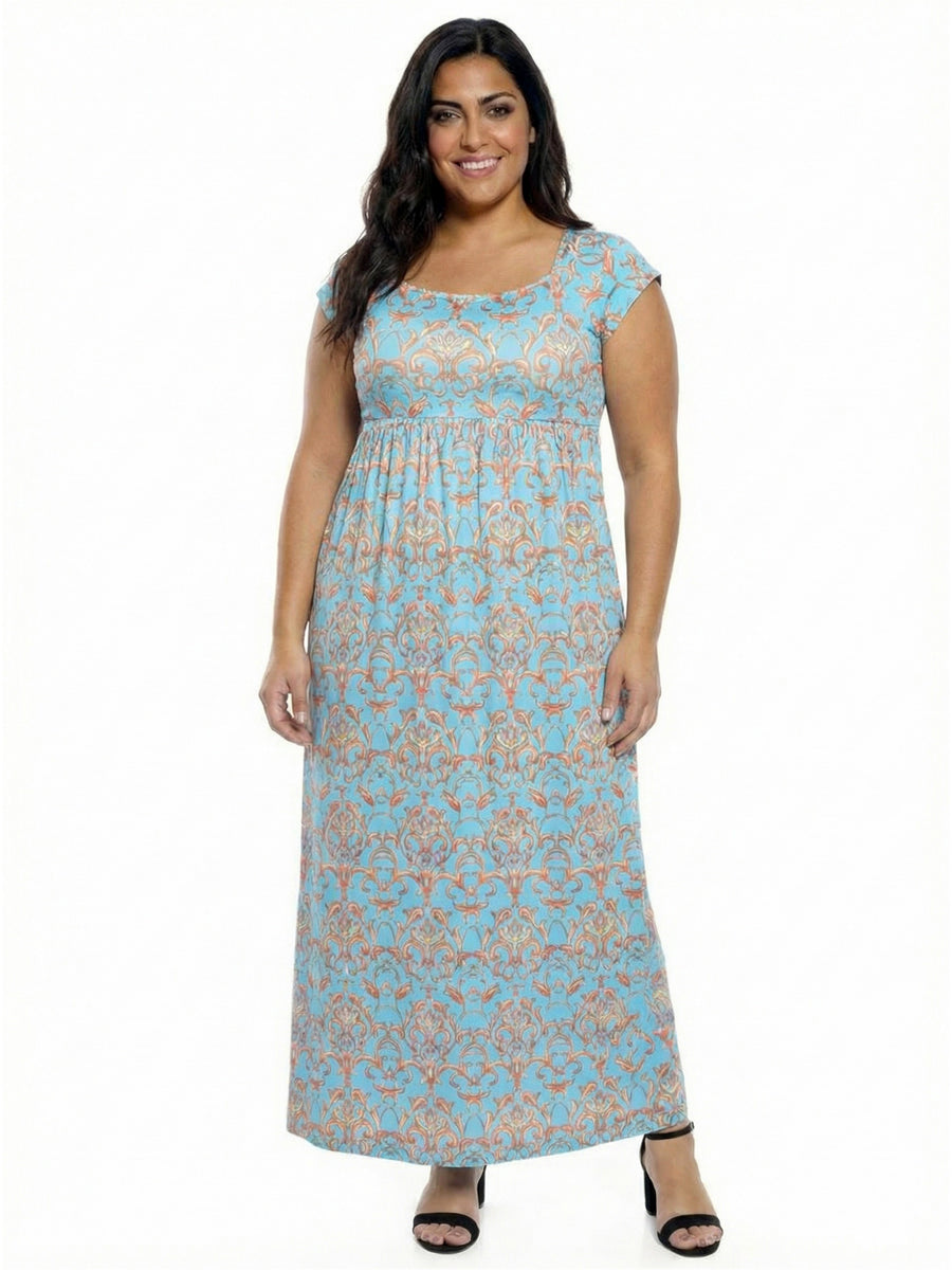Essential Curvy Abstract Square Neck Cap Sleeve A-Line Maxi Dress