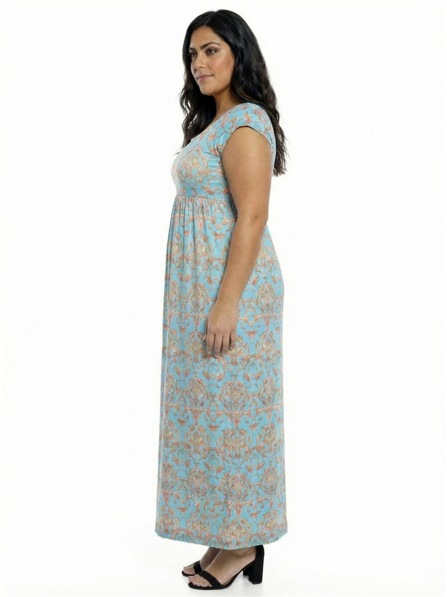 Essential Curvy Abstract Square Neck Cap Sleeve A-Line Maxi Dress