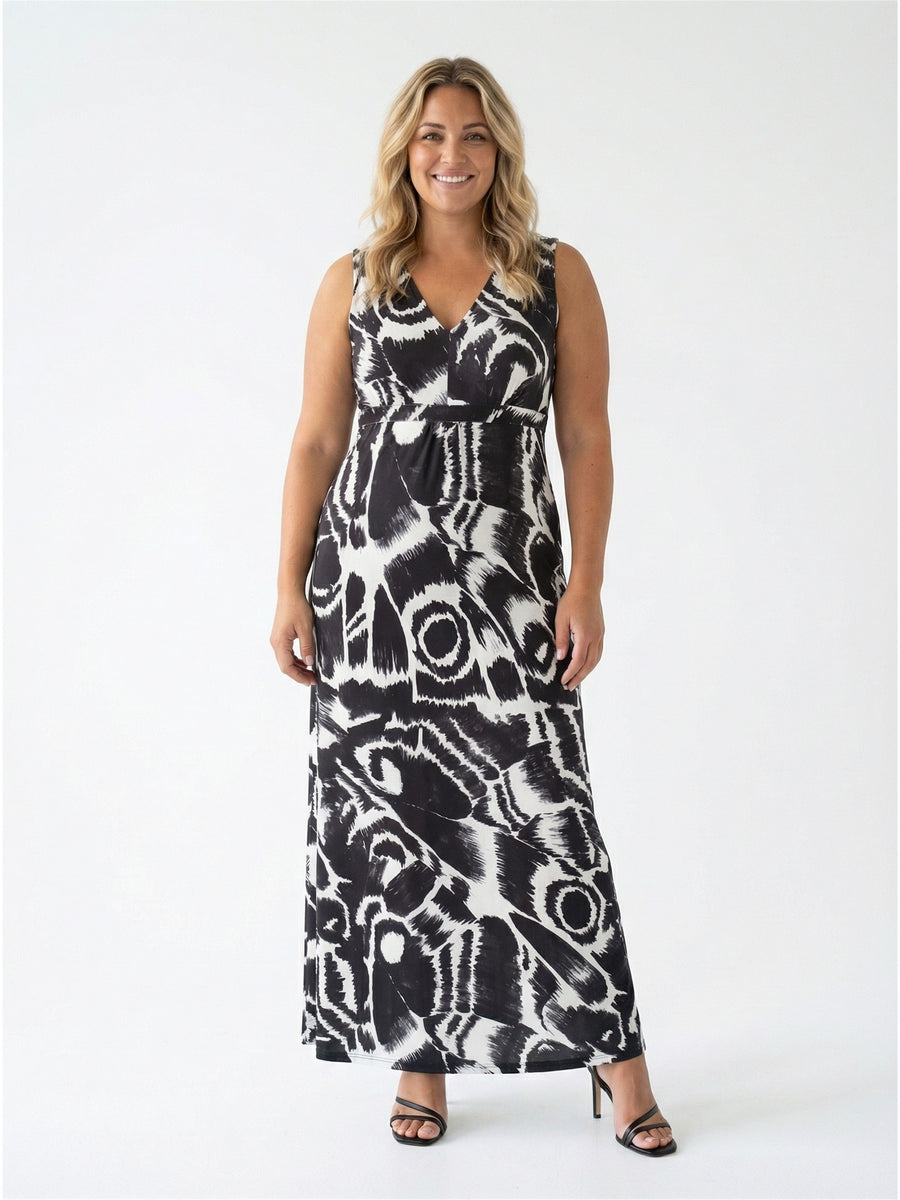 Essential Curvy Abstract Print V Neck Sleeveless Tie Back Empire Waist Maxi Dress