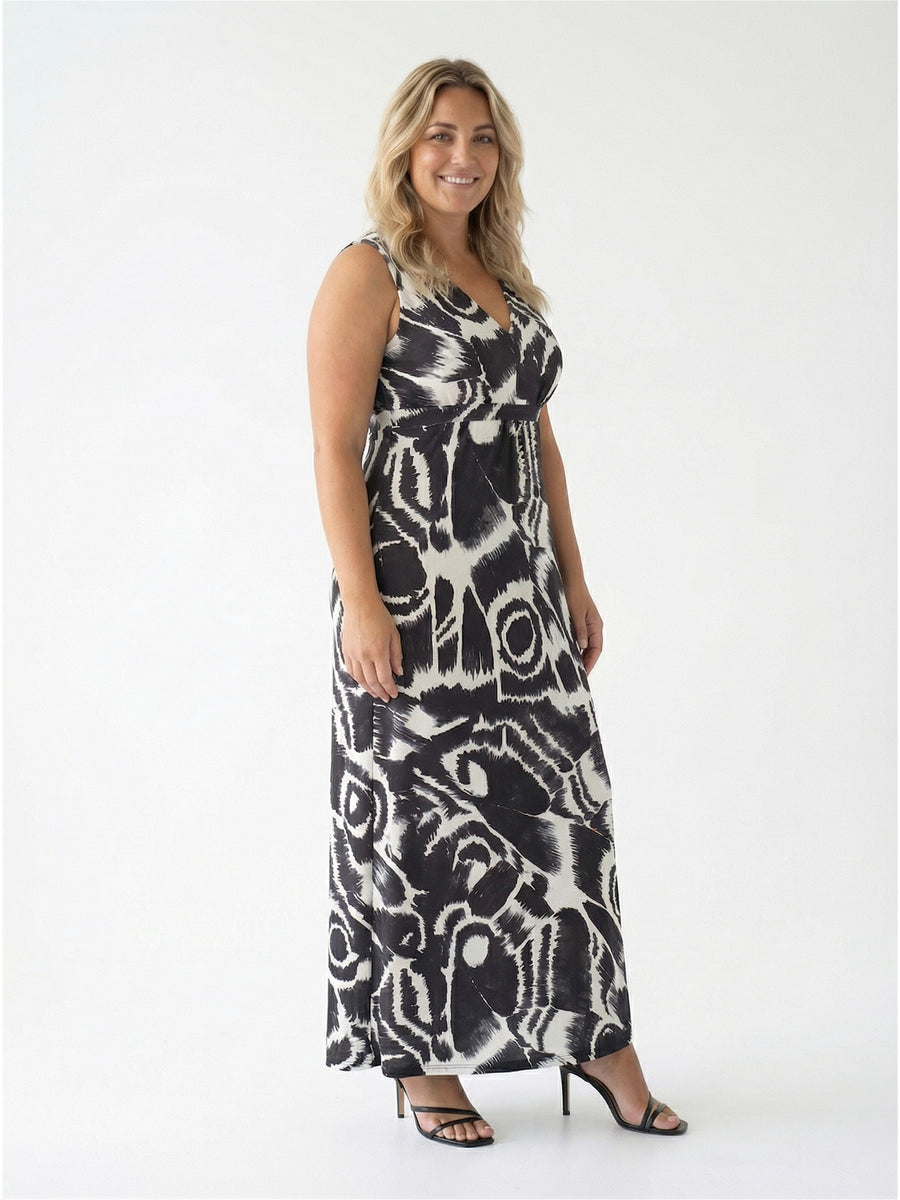 Essential Curvy Abstract Print V Neck Sleeveless Tie Back Empire Waist Maxi Dress
