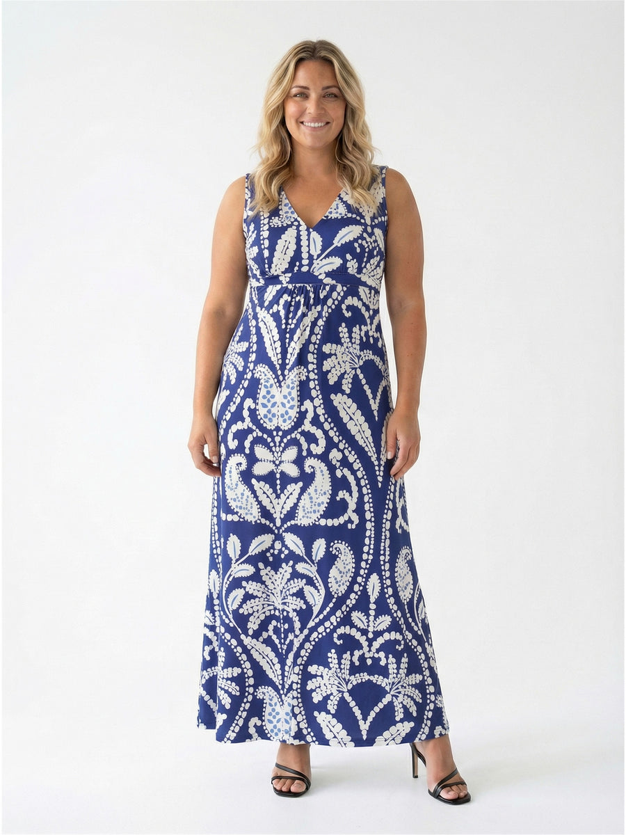 Essential Curvy Paisley Print V Neck Sleeveless Tie Back Empire Waist Maxi Dress