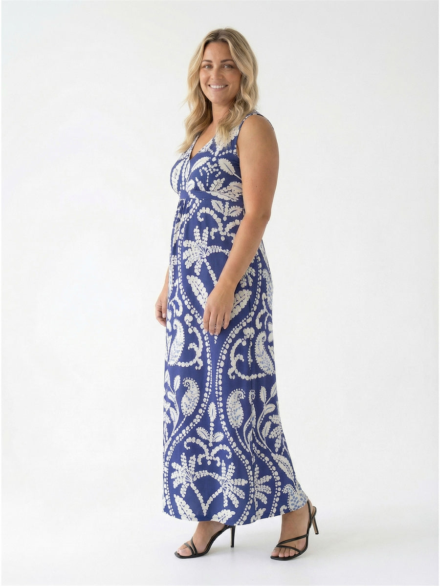 Essential Curvy Paisley Print V Neck Sleeveless Tie Back Empire Waist Maxi Dress