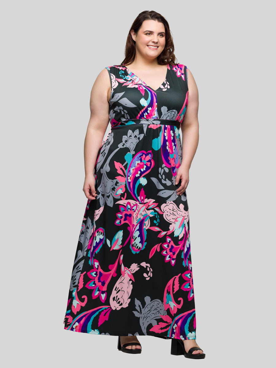 Essential Curvy Paisley V Neck Empire Waist Sleeveless Maxi Dress