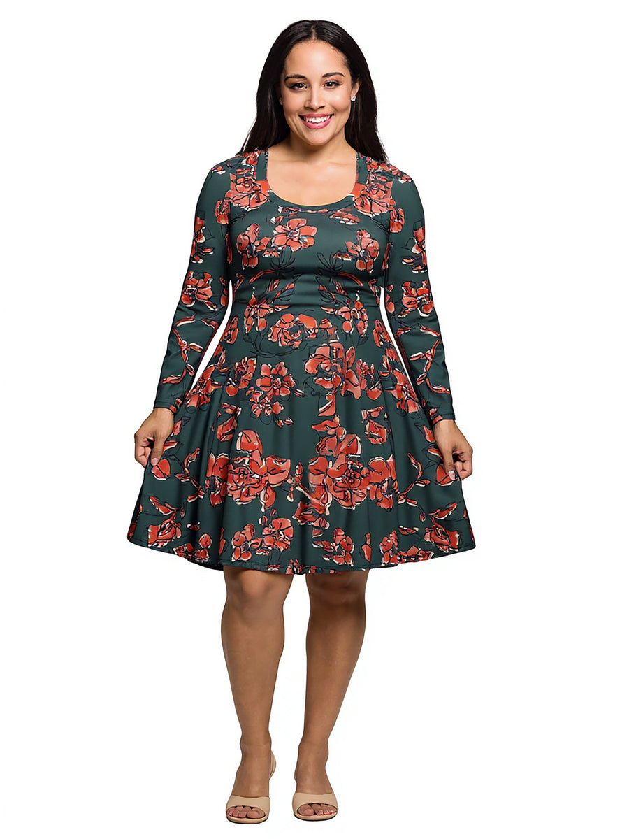 Essential Curvy Floral Scoop Neck Long Sleeve Fit N Flare Dress