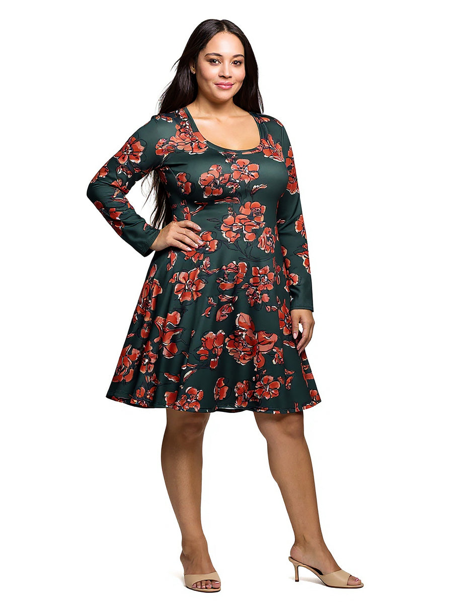 Essential Curvy Floral Scoop Neck Long Sleeve Fit N Flare Dress