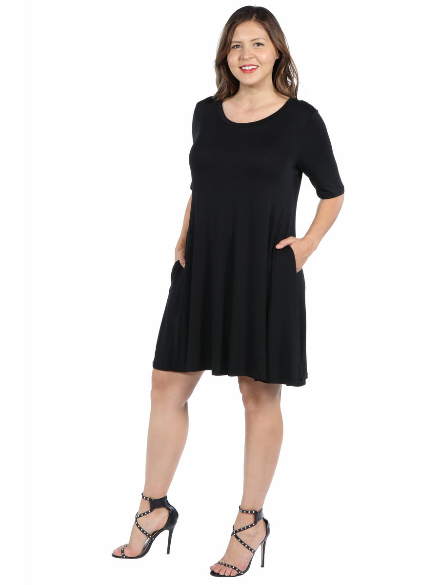 Essential Plus Size Round Neck Elbow Sleeve Pocket T Shirt Dress