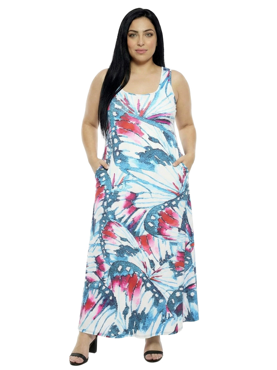 Essential Curvy Butterfly Sleeveless A Line Pocket Maxi Dress