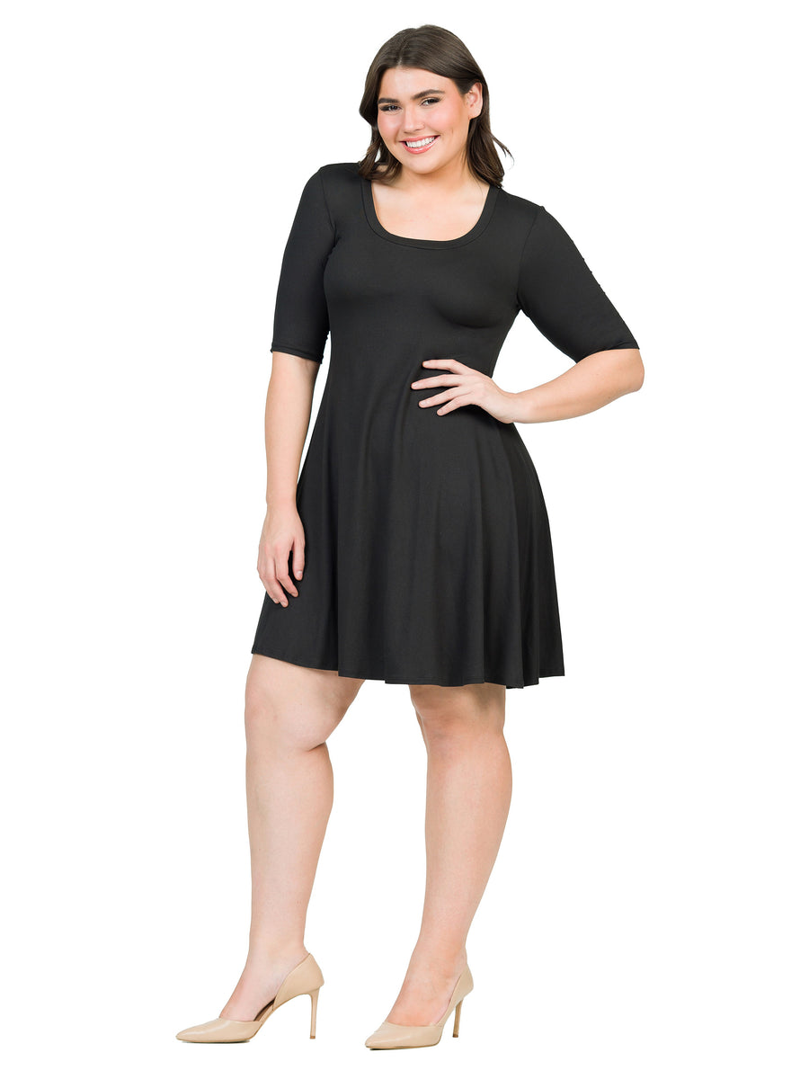 Essential Plus Size Scoop Neck Elbow Sleeve Knee Length Skater Dress