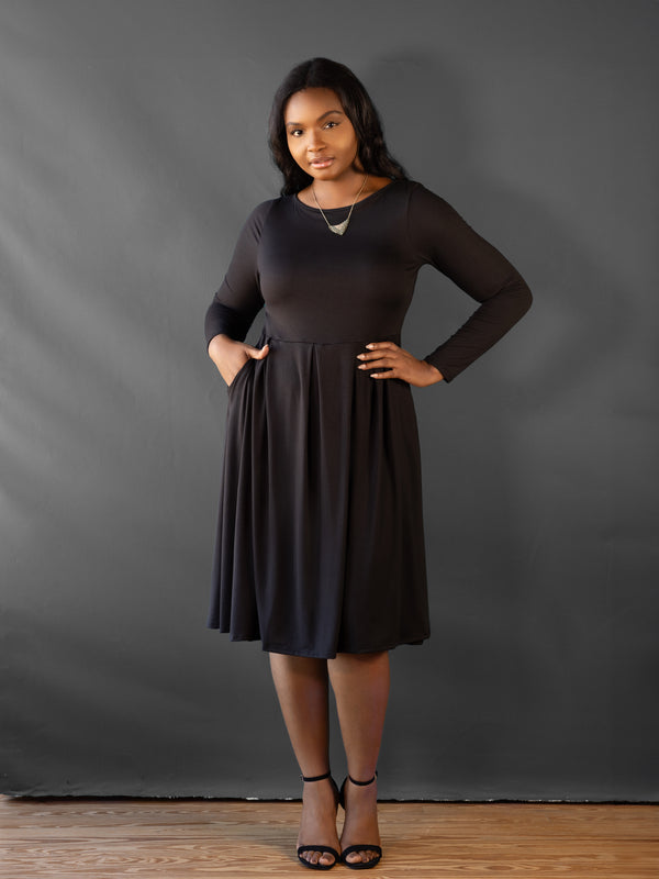 Essential Curvy Boat Neck Long Sleeve Fit N Flare A Line Midi Dress
