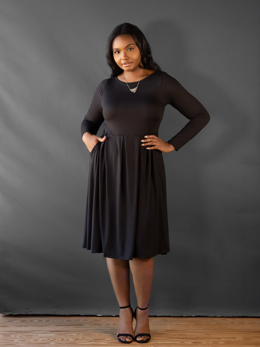 Essential Curvy Boat Neck Long Sleeve Fit N Flare A Line Midi Dress