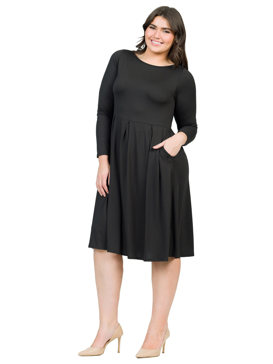 Essential Curvy Boat Neck Long Sleeve Fit N Flare A Line Midi Dress