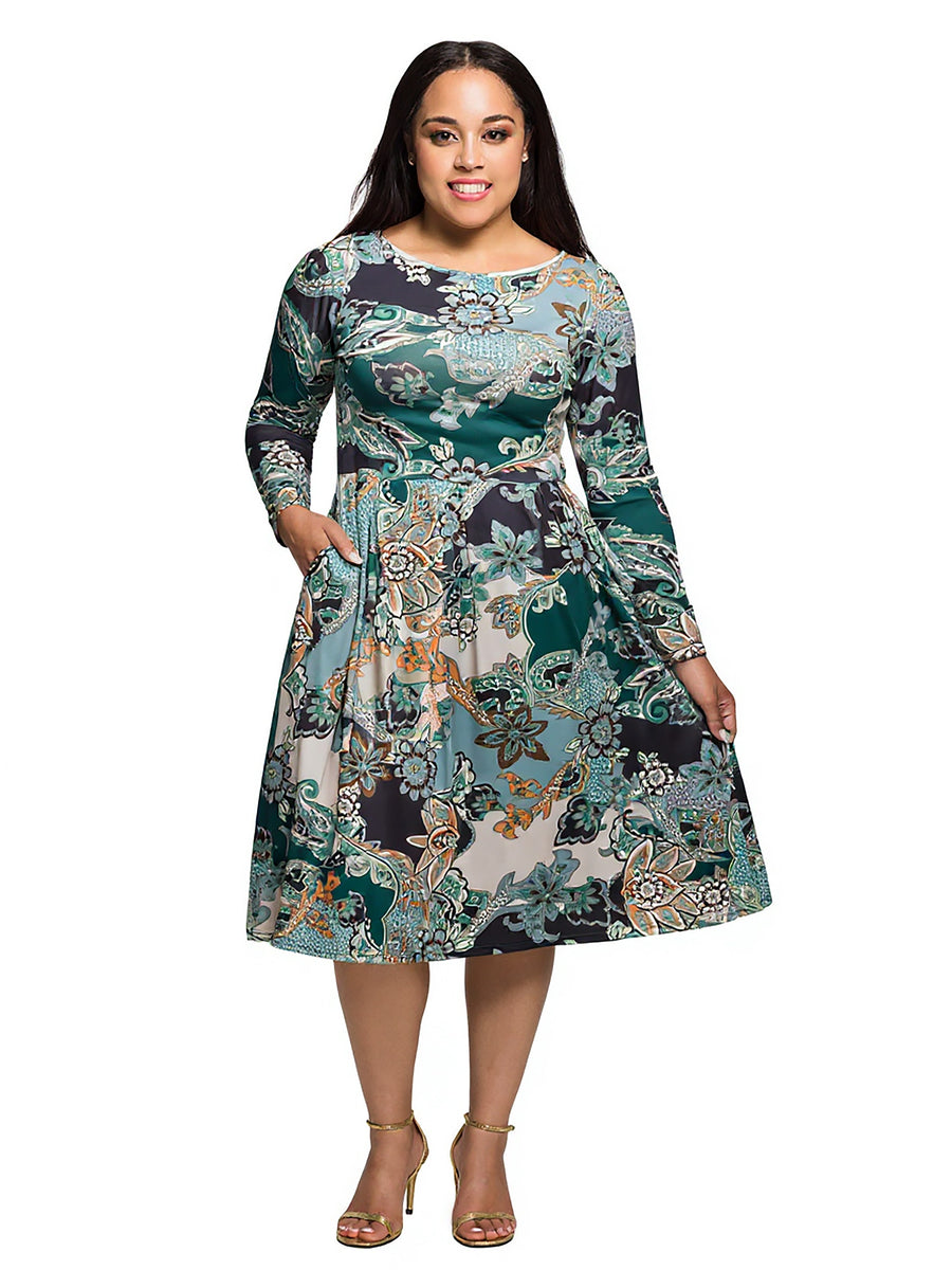 Essential Curvy Paisley Long Sleeve Round Neck Fit N Flare Midi Dress