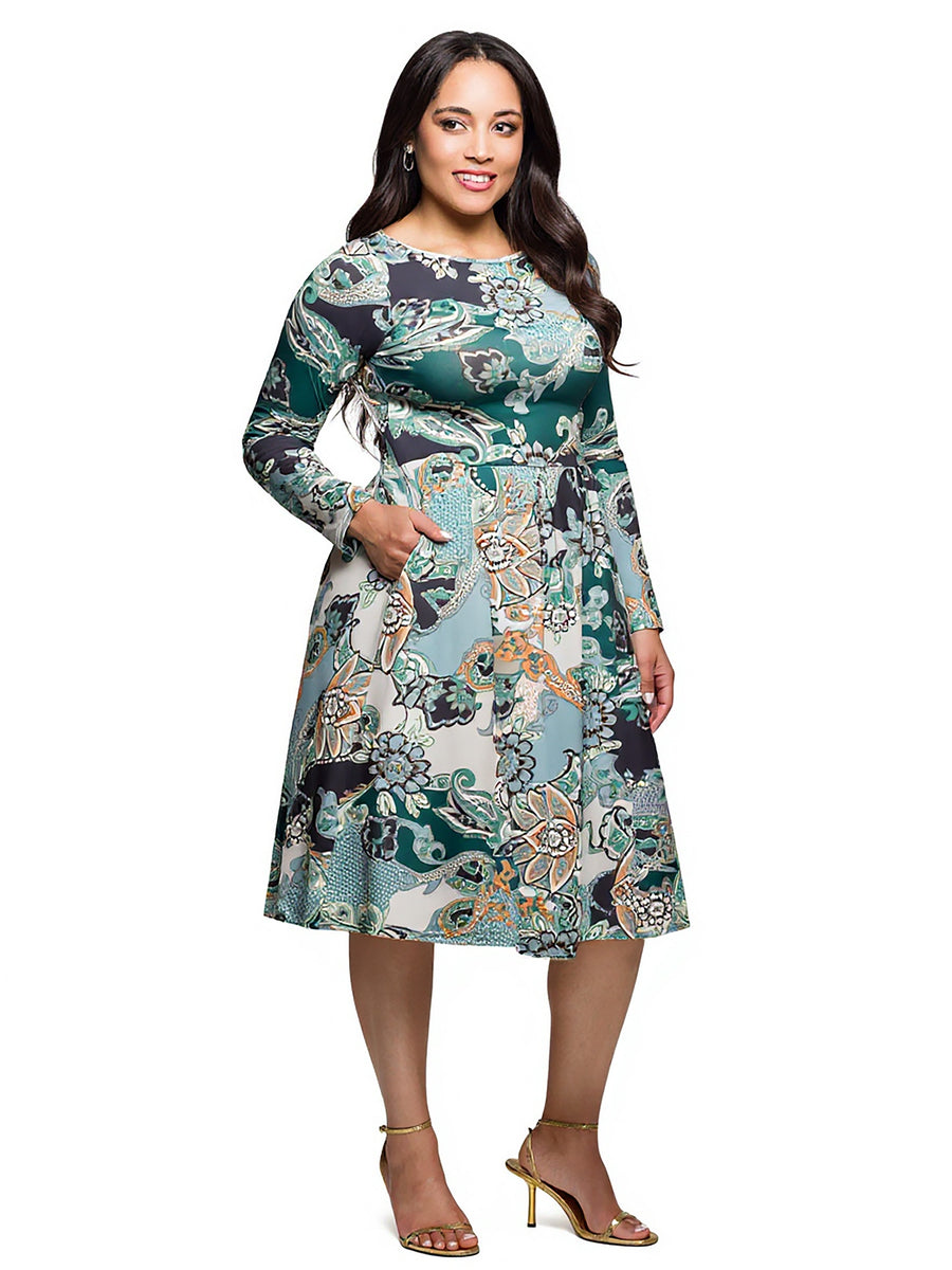Essential Curvy Paisley Long Sleeve Round Neck Fit N Flare Midi Dress