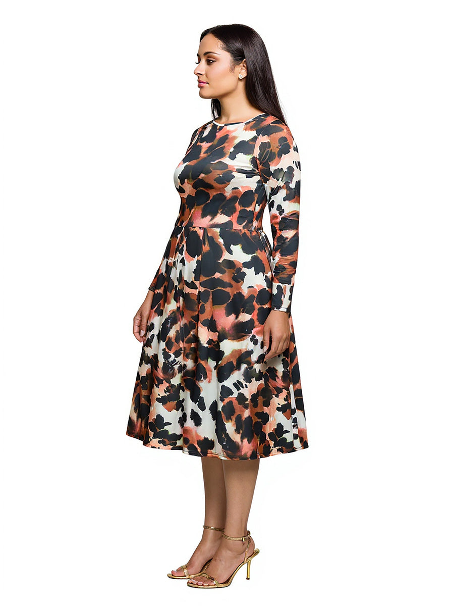 Essential Curvy Animal Long Sleeve Fit N Flare Pocket Midi Dress