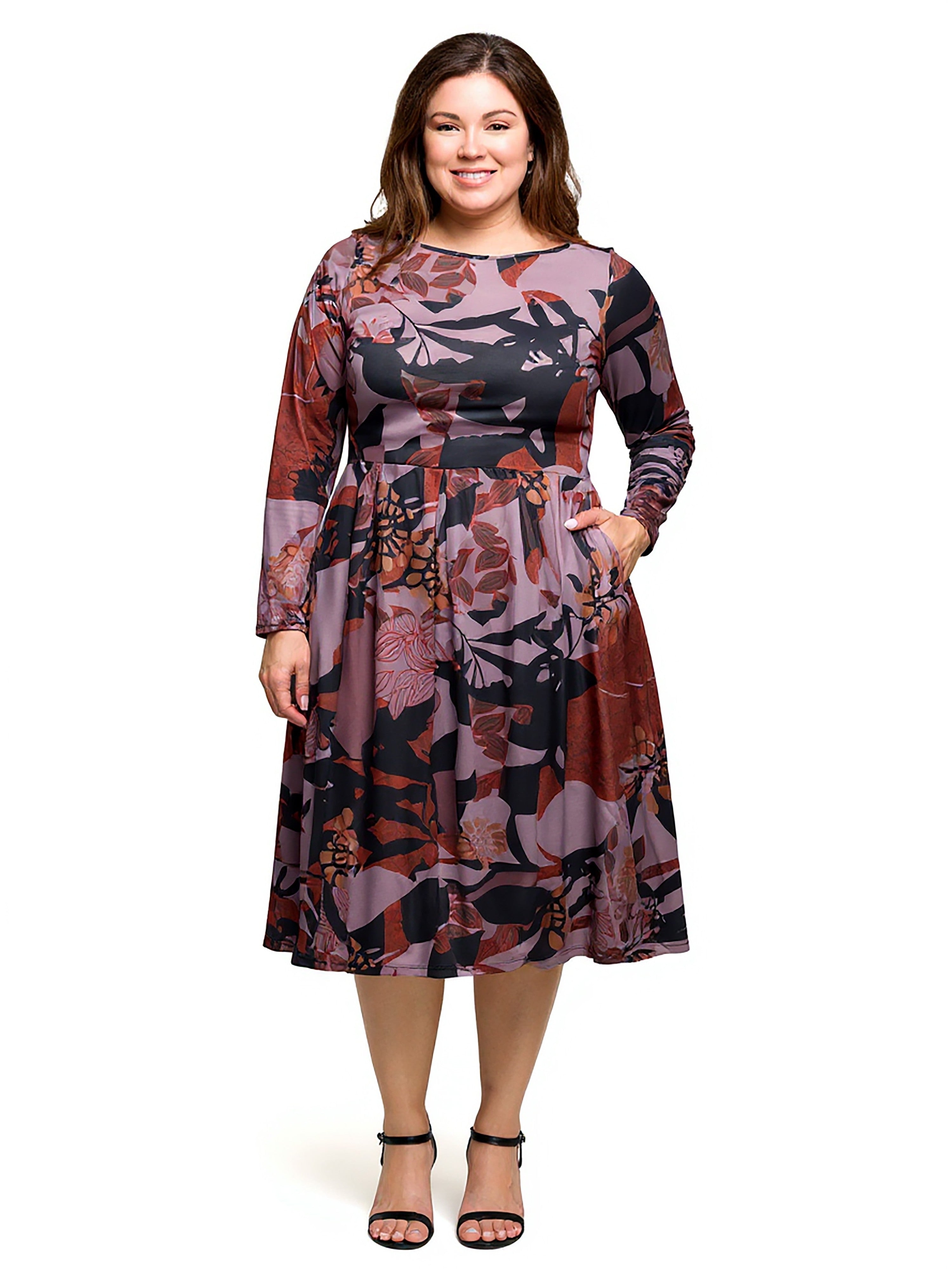plus size midi dress long sleeve 24seven Comfort Apparel Womens Plus Size Long Sleeve Midi Dress Brown Floral Print, Gray, 1X