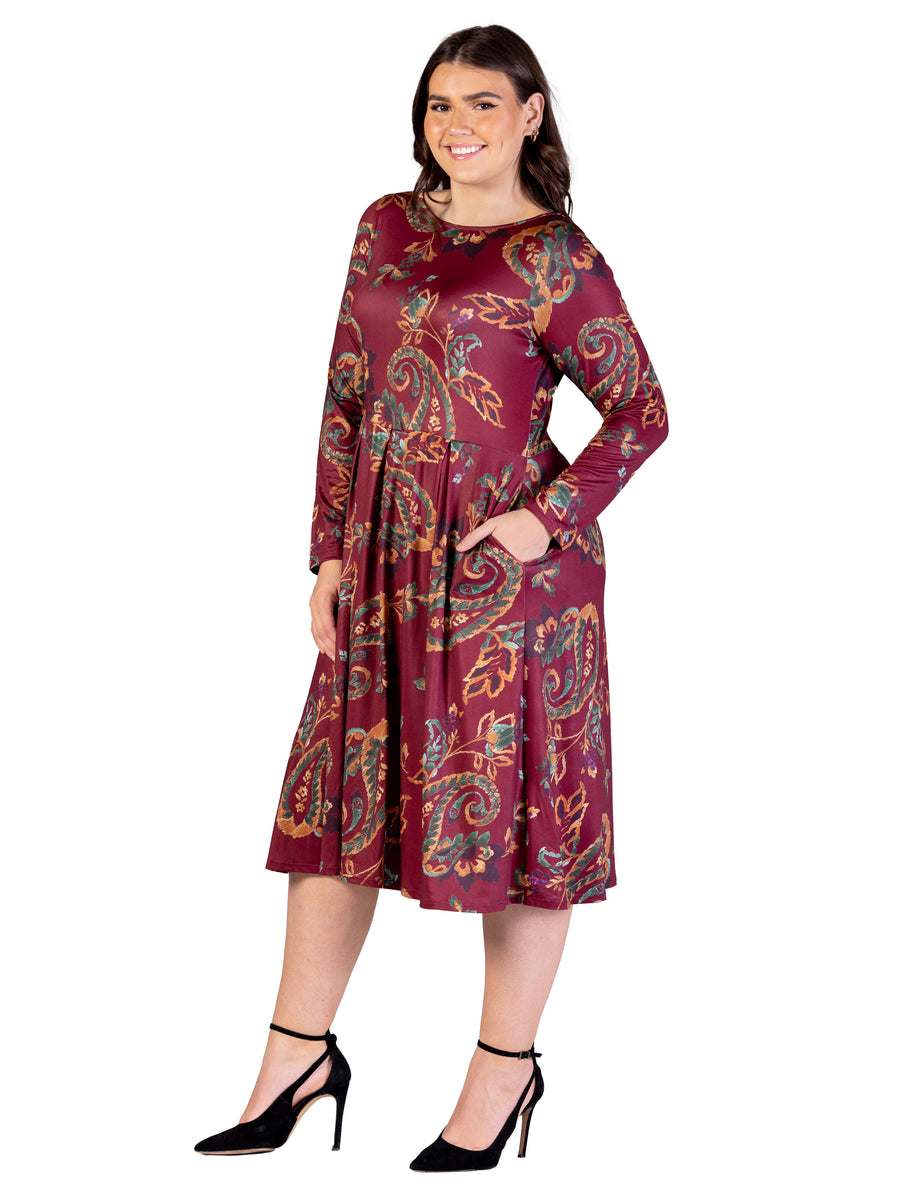 Essential Plus Size Wine Paisley Midi Length Long Sleeve Pocket Dress
