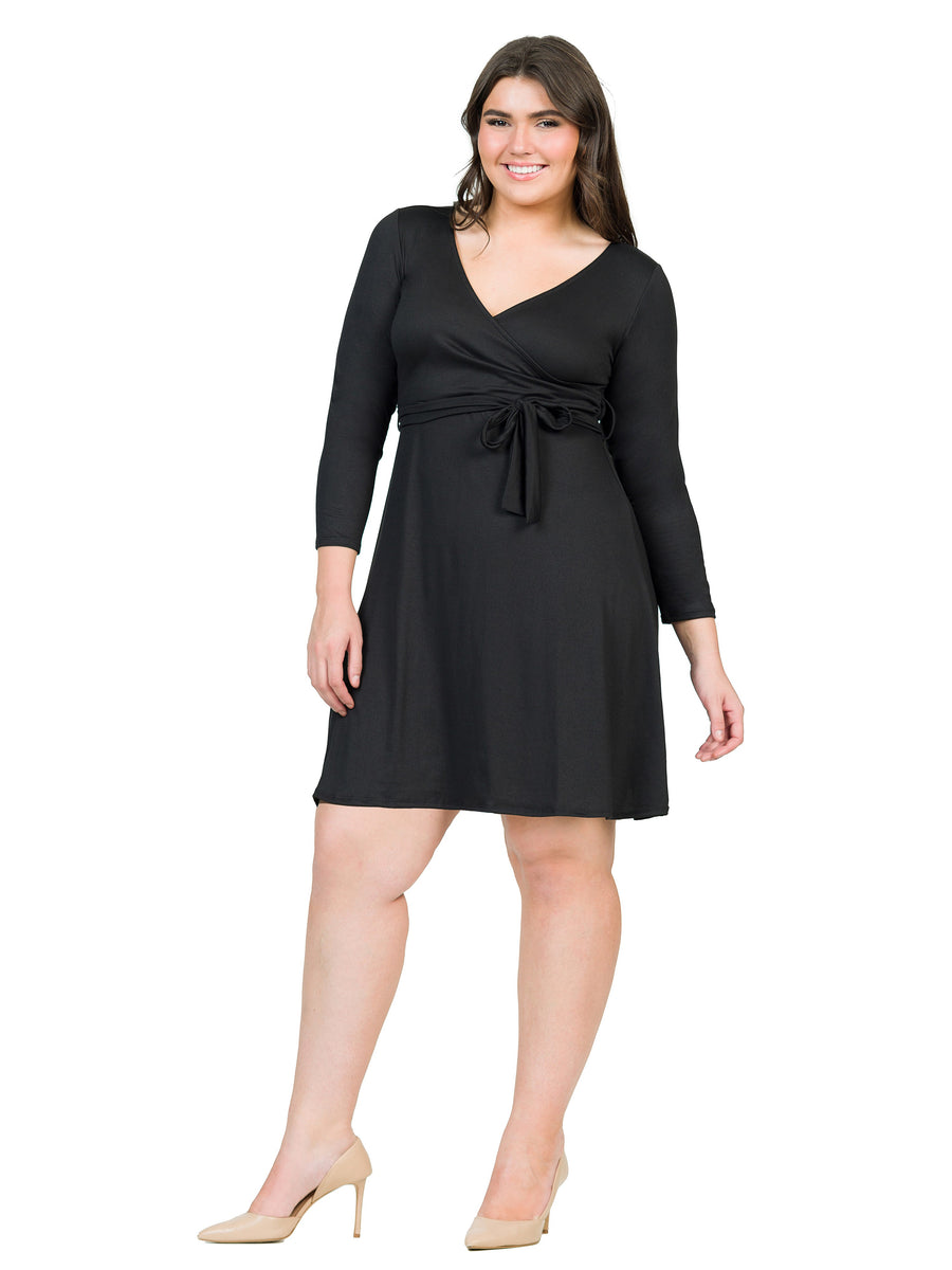 Essential Curvy V Neck Long Sleeve Belted Wrap A Line Dress