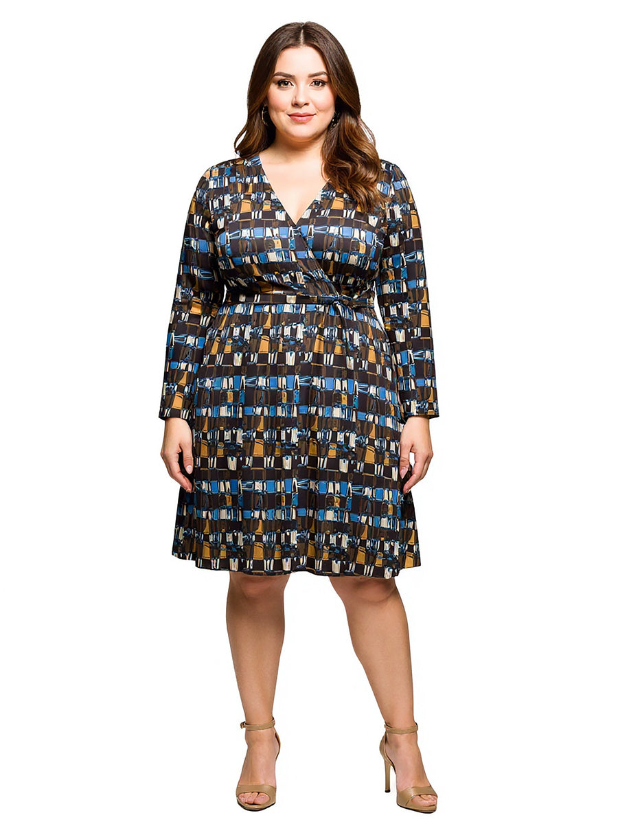 Essential Curvy Geometric Long Sleeve Belted Knee Length Wrap Dress
