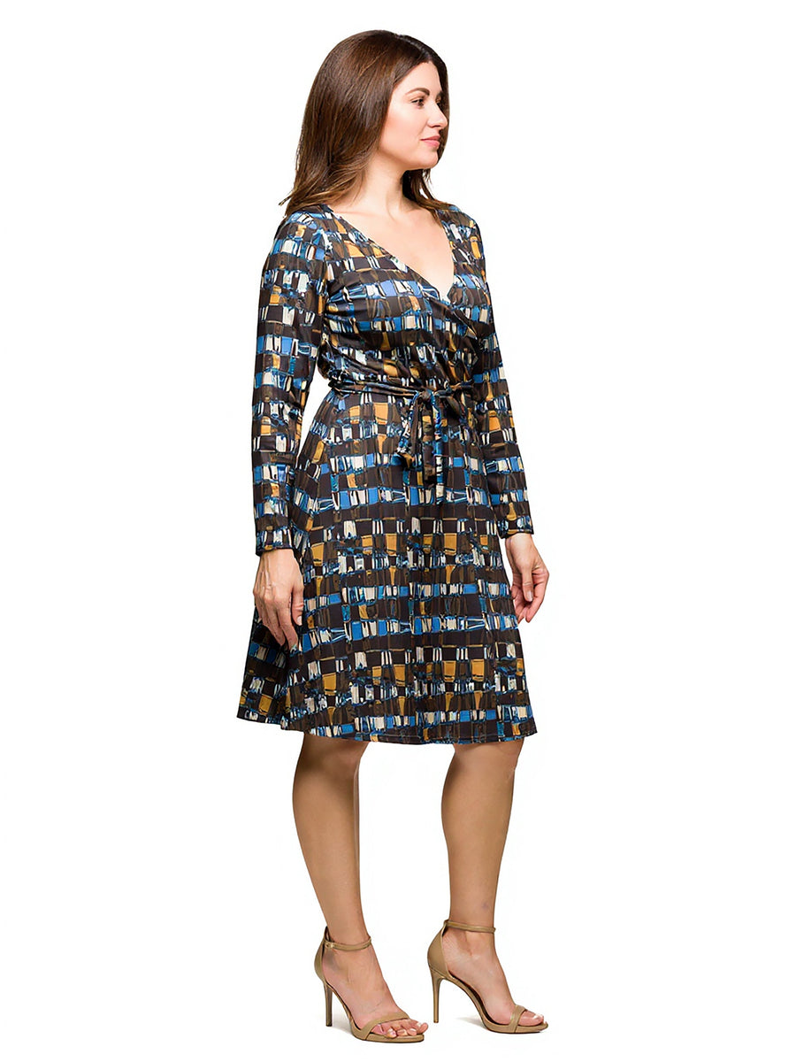 Essential Curvy Geometric Long Sleeve Belted Knee Length Wrap Dress