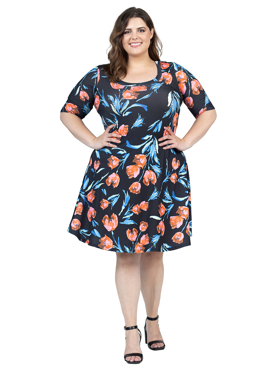 Essential Plus Size Black Floral Print Elbow Sleeve Knee Length Dress