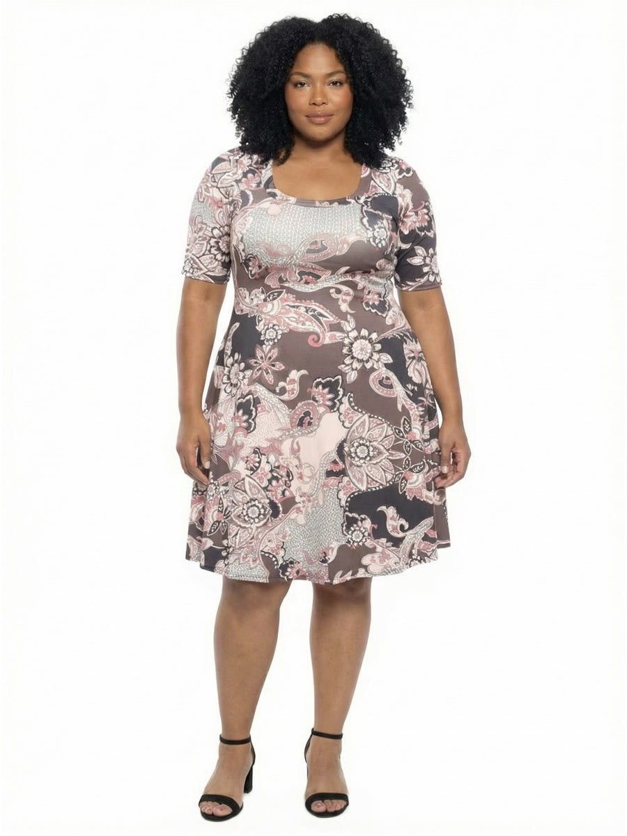 Essential Curvy Paisley Scoop Neck Elbow Sleeve Knee Length Dress
