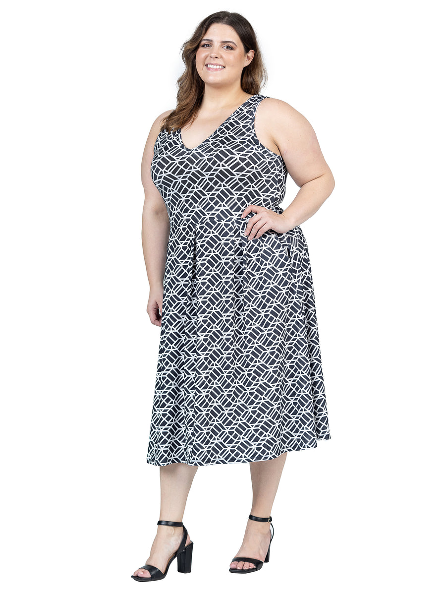 Essential Curvy Midi Length Geo Sleeveless Pleated Pocket Dress