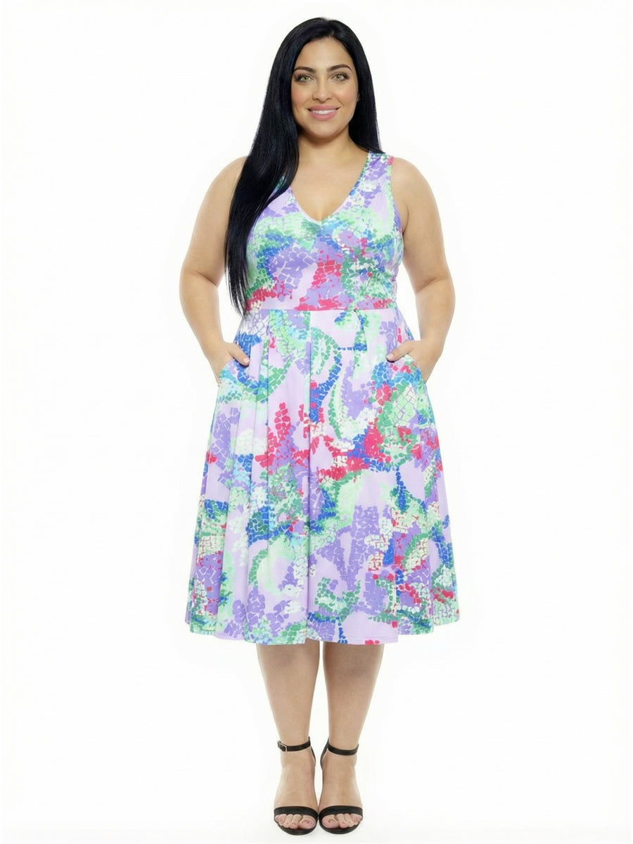 Essential Curvy Abstract Sleeveless Pocket Midi Fit N Flare Dress
