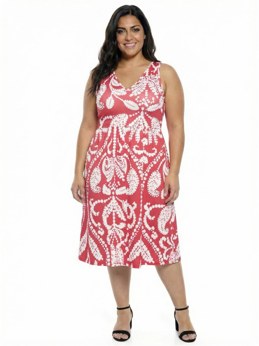 Essential Curvy Paisley V-Neck Pleated Pocket Midi Fit N Flare Dress