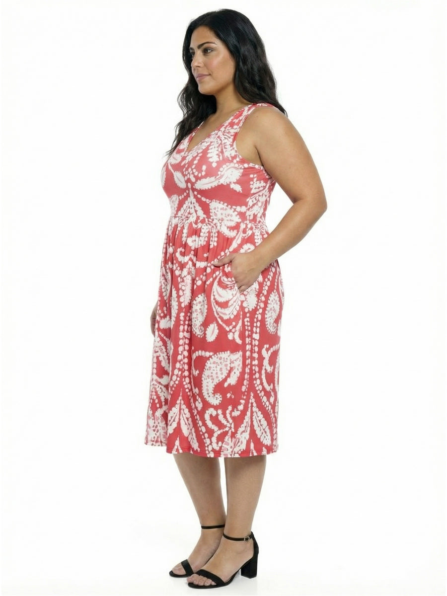 Essential Curvy Paisley V-Neck Pleated Pocket Midi Fit N Flare Dress