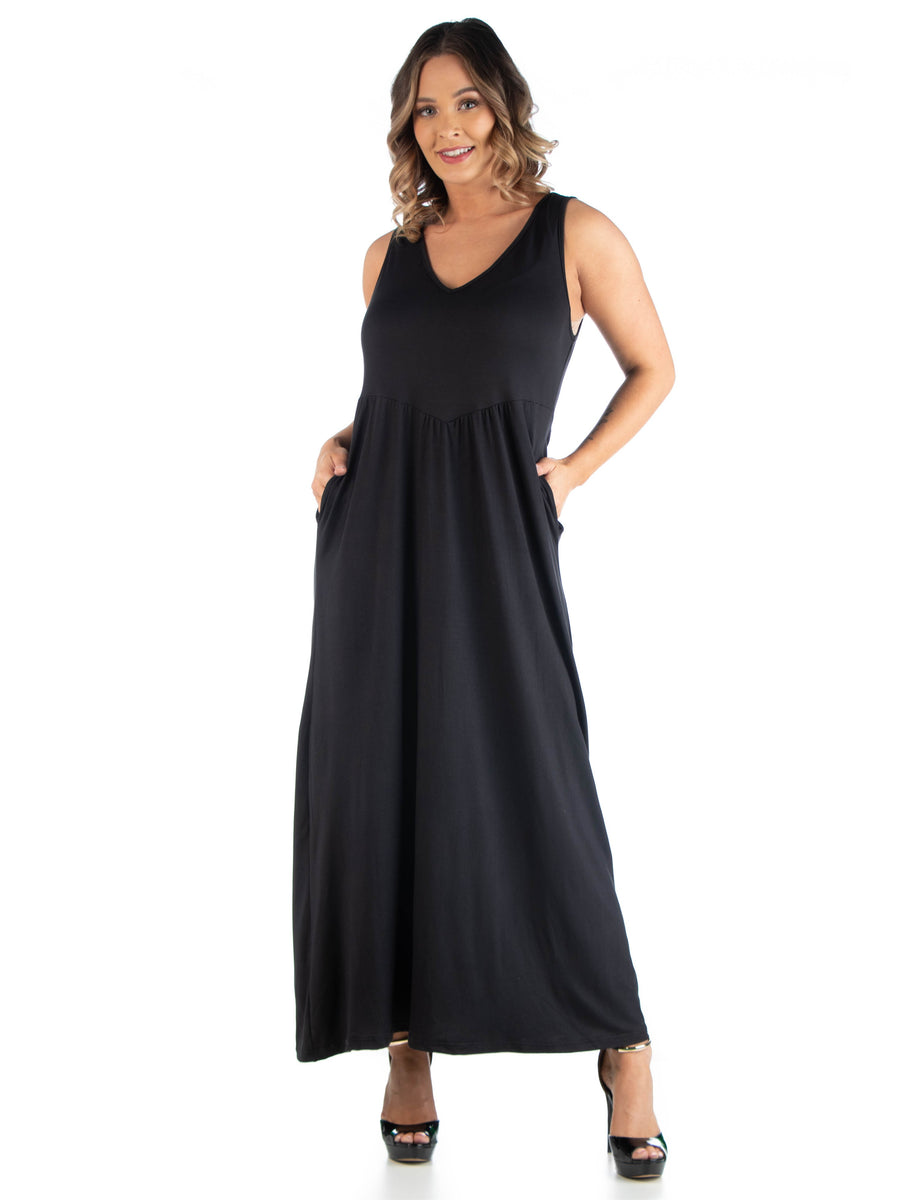 Essential Curvy V Neck Sleeveless Slim Waist A Line Pocket Maxi Dress