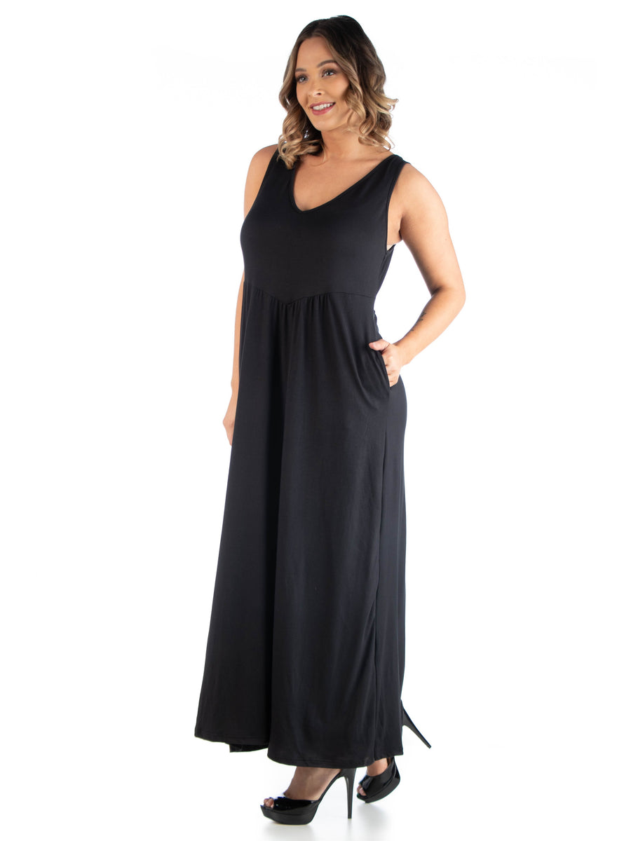 Essential Curvy V Neck Sleeveless Slim Waist A Line Pocket Maxi Dress
